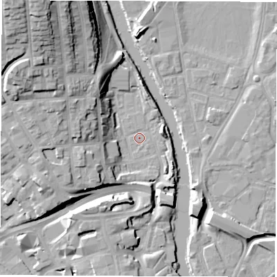 Shaded relief map of the ground around DE13BW, computed from Environment Agency LiDAR. The ground here sits at about 47 m above sea level and falls 28 m across the surrounding 800 m. Surface water reaching this point runs off ground lying to the north-west, 18.4 m higher.