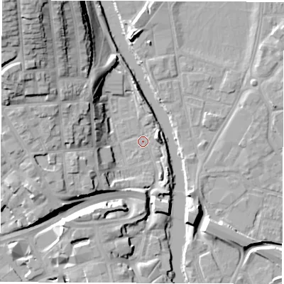 Shaded relief map of the ground around DE13BX, computed from Environment Agency LiDAR. The ground here sits at about 47 m above sea level and falls 28 m across the surrounding 800 m. Surface water reaching this point runs off ground lying to the west-north-west, 18.4 m higher.