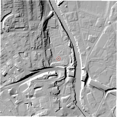 Shaded relief map of the ground around DE13BY, computed from Environment Agency LiDAR. The ground here sits at about 47 m above sea level and falls 25 m across the surrounding 800 m. Surface water reaching this point runs off ground lying to the west, 7.3 m higher.