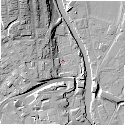 Shaded relief map of the ground around DE13BZ, computed from Environment Agency LiDAR. The ground here sits at about 47 m above sea level and falls 26 m across the surrounding 800 m. Surface water reaching this point runs off ground lying to the west-south-west, 5.8 m higher.