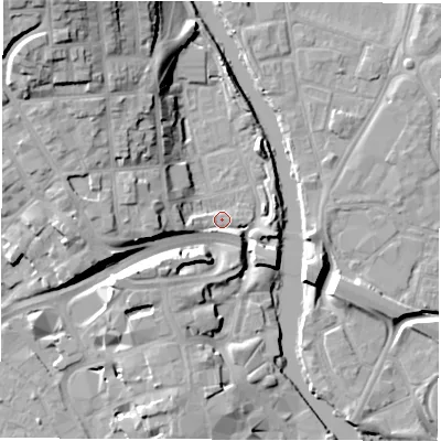 Shaded relief map of the ground around DE13DD, computed from Environment Agency LiDAR. The ground here sits at about 48 m above sea level and falls 23 m across the surrounding 800 m. Surface water reaching this point runs off ground lying to the north-west, 16.8 m higher.