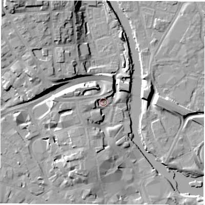 Shaded relief map of the ground around DE13DQ, computed from Environment Agency LiDAR. The ground here sits at about 48 m above sea level and falls 19 m across the surrounding 800 m. Surface water reaching this point runs off ground lying to the west, 4.8 m higher.
