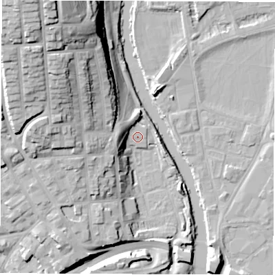 Shaded relief map of the ground around DE13FG, computed from Environment Agency LiDAR. The ground here sits at about 48 m above sea level and falls 33 m across the surrounding 800 m. Surface water reaching this point runs off ground lying to the west, 7.7 m higher.