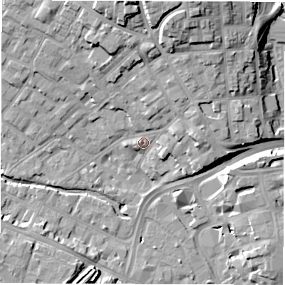Shaded relief map of the ground around DE13GZ, computed from Environment Agency LiDAR. The ground here sits at about 52 m above sea level and falls 19 m across the surrounding 800 m. Surface water reaching this point runs off ground lying to the north, 14.0 m higher.