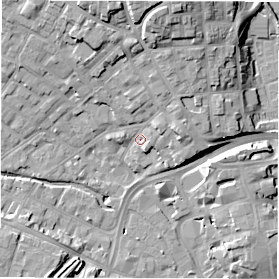 Shaded relief map of the ground around DE13HB, computed from Environment Agency LiDAR. The ground here sits at about 52 m above sea level and falls 20 m across the surrounding 800 m. Surface water reaching this point runs off ground lying to the north, 7.0 m higher.