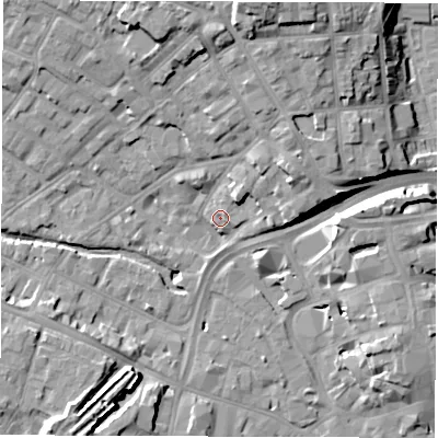 Shaded relief map of the ground around DE13HE, computed from Environment Agency LiDAR. The ground here sits at about 50 m above sea level and falls 17 m across the surrounding 800 m. Surface water reaching this point runs off ground lying to the north, 14.9 m higher.