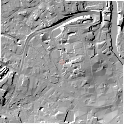 Shaded relief map of the ground around DE13JR, computed from Environment Agency LiDAR. The ground here sits at about 49 m above sea level and falls 13 m across the surrounding 800 m. Surface water reaching this point runs off ground lying to the west, 10.6 m higher.