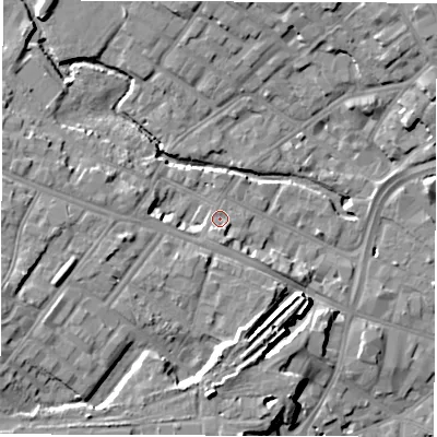 Shaded relief map of the ground around DE13LA, computed from Environment Agency LiDAR. The ground here sits at about 52 m above sea level and falls 14 m across the surrounding 800 m. Surface water reaching this point runs off ground lying to the south-south-east, 2.9 m higher.