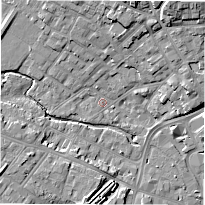 Shaded relief map of the ground around DE13LB, computed from Environment Agency LiDAR. The ground here sits at about 50 m above sea level and falls 18 m across the surrounding 800 m. Surface water reaching this point runs off ground lying to the north-north-east, 15.2 m higher.