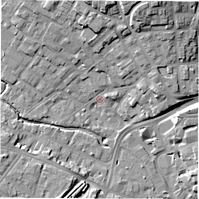 Shaded relief map of the ground around DE13LF, computed from Environment Agency LiDAR. The ground here sits at about 50 m above sea level and falls 18 m across the surrounding 800 m. Surface water reaching this point runs off ground lying to the north-north-east, 18.1 m higher.