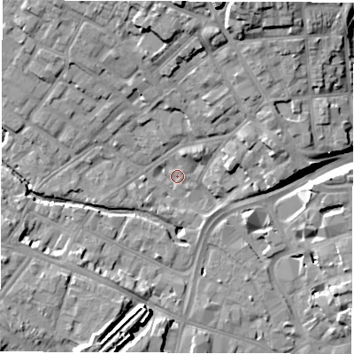 Shaded relief map of the ground around DE13LG, computed from Environment Agency LiDAR. The ground here sits at about 49 m above sea level and falls 18 m across the surrounding 800 m. Surface water reaching this point runs off ground lying to the north-north-east, 17.5 m higher.