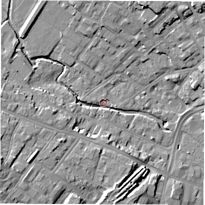 Shaded relief map of the ground around DE13LJ, computed from Environment Agency LiDAR. The ground here sits at about 49 m above sea level and falls 15 m across the surrounding 800 m. Surface water reaching this point runs off ground lying to the west-south-west, 13.7 m higher.