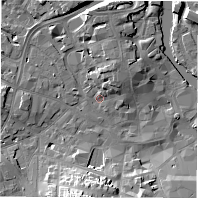 Shaded relief map of the ground around DE13NL, computed from Environment Agency LiDAR. The ground here sits at about 48 m above sea level and falls 21 m across the surrounding 800 m. Surface water reaching this point runs off ground lying to the west, 7.3 m higher.