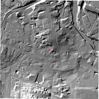 Shaded relief map of the ground around DE13NQ, computed from Environment Agency LiDAR. The ground here sits at about 49 m above sea level and falls 23 m across the surrounding 800 m. Surface water reaching this point runs off ground lying to the north, 5.2 m higher.