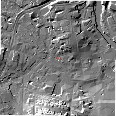 Shaded relief map of the ground around DE13NR, computed from Environment Agency LiDAR. The ground here sits at about 47 m above sea level and falls 23 m across the surrounding 800 m. Surface water reaching this point runs off ground lying to the west, 7.3 m higher.