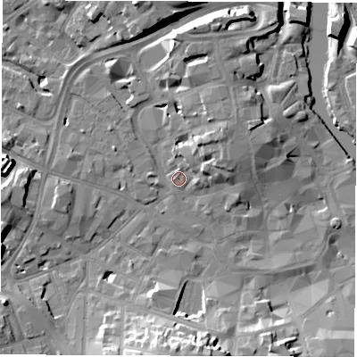 Shaded relief map of the ground around DE13NT, computed from Environment Agency LiDAR. The ground here sits at about 48 m above sea level and falls 17 m across the surrounding 800 m. Surface water reaching this point runs off ground lying to the west, 10.5 m higher.
