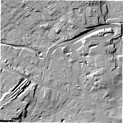 Shaded relief map of the ground around DE13NZ, computed from Environment Agency LiDAR. The ground here sits at about 49 m above sea level and falls 14 m across the surrounding 800 m. Surface water reaching this point runs off ground lying to the south-west, 10.7 m higher.