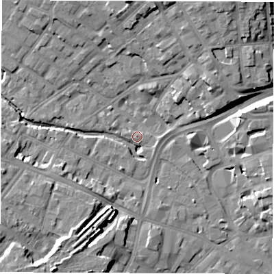 Shaded relief map of the ground around DE13PB, computed from Environment Agency LiDAR. The ground here sits at about 49 m above sea level and falls 14 m across the surrounding 800 m. Surface water reaching this point runs off ground lying to the west-south-west, 9.4 m higher.