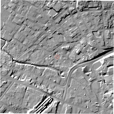 Shaded relief map of the ground around DE13PF, computed from Environment Agency LiDAR. The ground here sits at about 48 m above sea level and falls 17 m across the surrounding 800 m. Surface water reaching this point runs off ground lying to the west-south-west, 9.9 m higher.