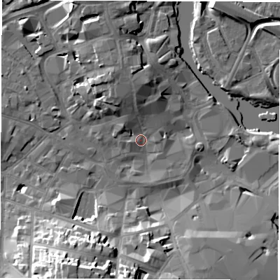 Shaded relief map of the ground around DE13PW, computed from Environment Agency LiDAR. The ground here sits at about 47 m above sea level and falls 24 m across the surrounding 800 m. Surface water reaching this point runs off ground lying to the north-north-west, 7.8 m higher.