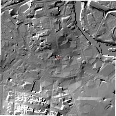 Shaded relief map of the ground around DE13PY, computed from Environment Agency LiDAR. The ground here sits at about 47 m above sea level and falls 24 m across the surrounding 800 m. Surface water reaching this point runs off ground lying to the north-north-west, 7.9 m higher.