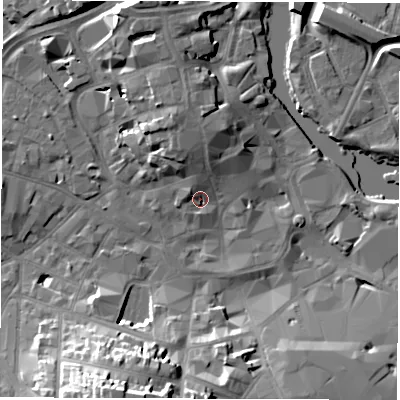 Shaded relief map of the ground around DE13QA, computed from Environment Agency LiDAR. The ground here sits at about 48 m above sea level and falls 23 m across the surrounding 800 m. Surface water reaching this point runs off ground lying to the north, 3.3 m higher.