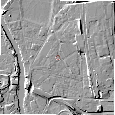Shaded relief map of the ground around DE13QB, computed from Environment Agency LiDAR. The ground here sits at about 47 m above sea level and falls 12 m across the surrounding 800 m. Surface water reaching this point runs off ground lying to the north-north-west, 1.5 m higher.
