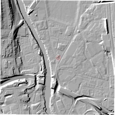 Shaded relief map of the ground around DE13QD, computed from Environment Agency LiDAR. The ground here sits at about 47 m above sea level and falls 24 m across the surrounding 800 m. Surface water reaching this point runs off ground lying to the south, 1.8 m higher.
