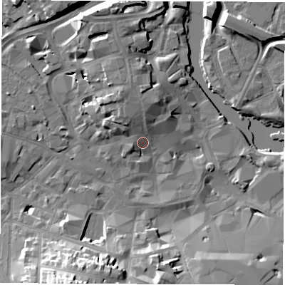 Shaded relief map of the ground around DE13QE, computed from Environment Agency LiDAR. The ground here sits at about 49 m above sea level and falls 22 m across the surrounding 800 m. Surface water reaching this point runs off ground lying to the north-north-west, 5.4 m higher.