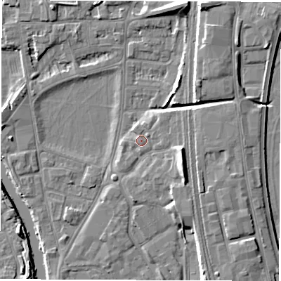 Shaded relief map of the ground around DE13QG, computed from Environment Agency LiDAR. The ground here sits at about 48 m above sea level and falls 9 m across the surrounding 800 m. Surface water reaching this point runs off ground lying to the west-south-west, 0.7 m higher.