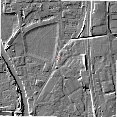 Shaded relief map of the ground around DE13QL, computed from Environment Agency LiDAR. The ground here sits at about 47 m above sea level and falls 8 m across the surrounding 800 m. Surface water reaching this point runs off ground lying to the east, 6.5 m higher.