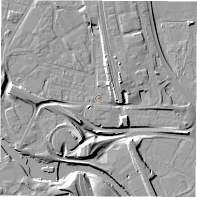 Shaded relief map of the ground around DE13QQ, computed from Environment Agency LiDAR. The ground here sits at about 46 m above sea level and falls 14 m across the surrounding 800 m. Surface water reaching this point runs off ground lying to the north-north-east, 8.4 m higher.
