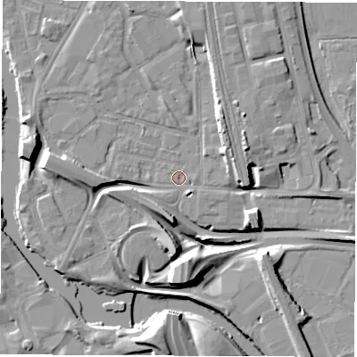 Shaded relief map of the ground around DE13QR, computed from Environment Agency LiDAR. The ground here sits at about 46 m above sea level and falls 14 m across the surrounding 800 m. Surface water reaching this point runs off ground lying to the north-east, 8.4 m higher.