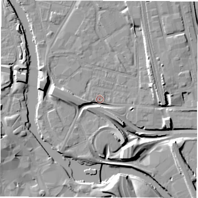 Shaded relief map of the ground around DE13QS, computed from Environment Agency LiDAR. The ground here sits at about 46 m above sea level and falls 14 m across the surrounding 800 m. Surface water reaching this point runs off ground lying to the west-north-west, 7.7 m higher.