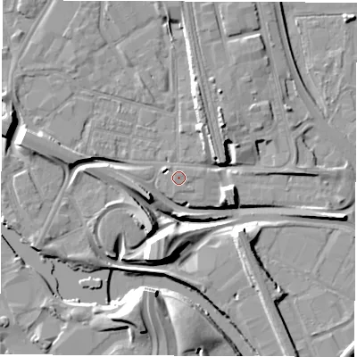 Shaded relief map of the ground around DE13QT, computed from Environment Agency LiDAR. The ground here sits at about 46 m above sea level and falls 14 m across the surrounding 800 m. The ground contributing surface water to this point lies to the north-east.