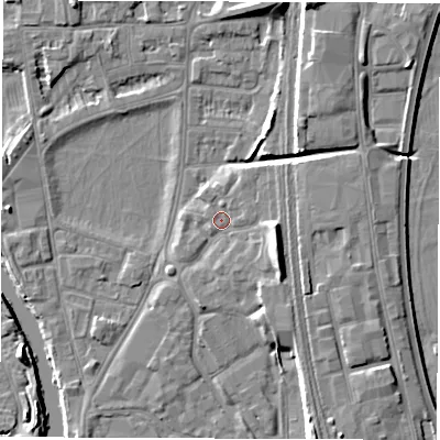 Shaded relief map of the ground around DE13QU, computed from Environment Agency LiDAR. The ground here sits at about 48 m above sea level and falls 8 m across the surrounding 800 m. Surface water reaching this point runs off ground lying to the east-south-east, 5.2 m higher.