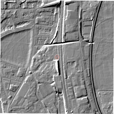 Shaded relief map of the ground around DE13QW, computed from Environment Agency LiDAR. The ground here sits at about 48 m above sea level and falls 9 m across the surrounding 800 m. Surface water reaching this point runs off ground lying to the south, 4.1 m higher.