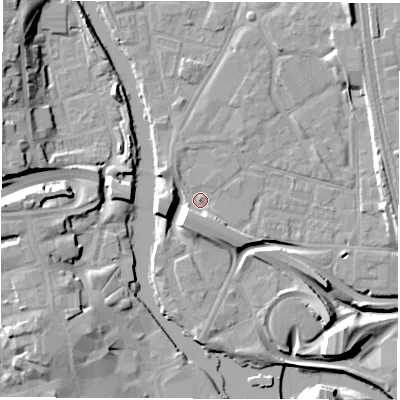 Shaded relief map of the ground around DE13QX, computed from Environment Agency LiDAR. The ground here sits at about 47 m above sea level and falls 17 m across the surrounding 800 m. Surface water reaching this point runs off ground lying to the west, 4.0 m higher.
