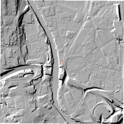 Shaded relief map of the ground around DE13QY, computed from Environment Agency LiDAR. The ground here sits at about 47 m above sea level and falls 23 m across the surrounding 800 m. Surface water reaching this point runs off ground lying to the south-south-west, 5.0 m higher.