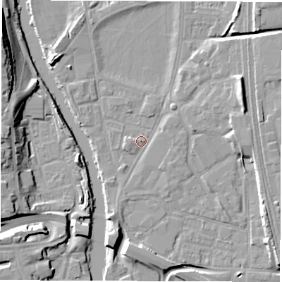 Shaded relief map of the ground around DE13QZ, computed from Environment Agency LiDAR. The ground here sits at about 47 m above sea level and falls 18 m across the surrounding 800 m. Surface water reaching this point runs off ground lying to the south-south-west, 2.7 m higher.