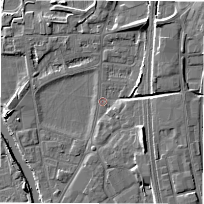 Shaded relief map of the ground around DE13RA, computed from Environment Agency LiDAR. The ground here sits at about 47 m above sea level and falls 9 m across the surrounding 800 m. Surface water reaching this point runs off ground lying to the west-south-west, 2.4 m higher.