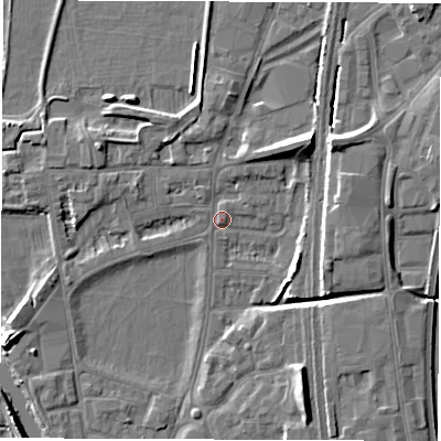 Shaded relief map of the ground around DE13RB, computed from Environment Agency LiDAR. The ground here sits at about 47 m above sea level and falls 9 m across the surrounding 800 m. Surface water reaching this point runs off ground lying to the west-north-west, 4.2 m higher.