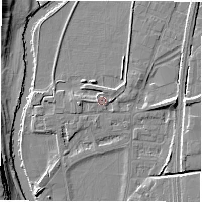 Shaded relief map of the ground around DE13RD, computed from Environment Agency LiDAR. The ground here sits at about 48 m above sea level and falls 17 m across the surrounding 800 m. Surface water reaching this point runs off ground lying to the east, 1.6 m higher.