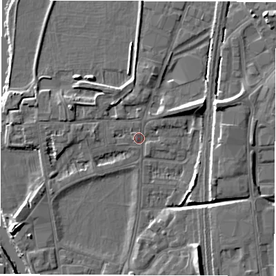 Shaded relief map of the ground around DE13RF, computed from Environment Agency LiDAR. The ground here sits at about 48 m above sea level and falls 9 m across the surrounding 800 m. Surface water reaching this point runs off ground lying to the west-north-west, 3.6 m higher.