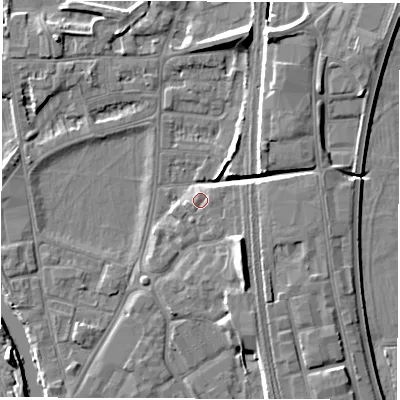Shaded relief map of the ground around DE13RG, computed from Environment Agency LiDAR. The ground here sits at about 48 m above sea level and falls 9 m across the surrounding 800 m. Surface water reaching this point runs off ground lying to the east, 0.9 m higher.