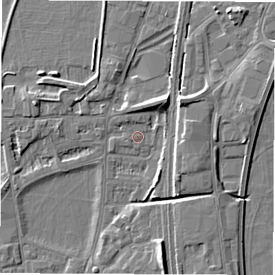 Shaded relief map of the ground around DE13RH, computed from Environment Agency LiDAR. The ground here sits at about 47 m above sea level and falls 8 m across the surrounding 800 m. Surface water reaching this point runs off ground lying to the north-east, 6.3 m higher.