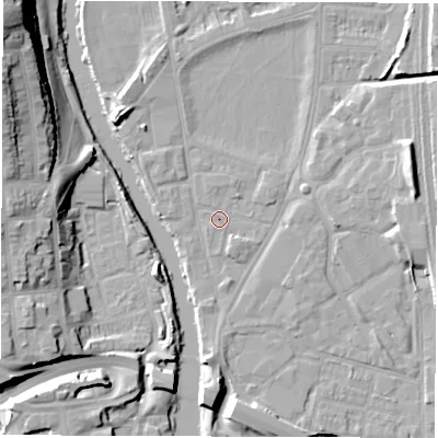 Shaded relief map of the ground around DE13RJ, computed from Environment Agency LiDAR. The ground here sits at about 47 m above sea level and falls 26 m across the surrounding 800 m. Surface water reaching this point runs off ground lying to the east-north-east, 7.1 m higher.