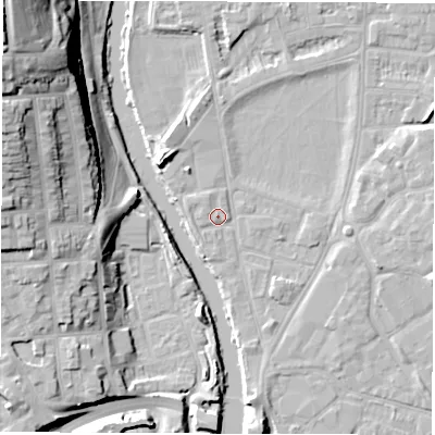 Shaded relief map of the ground around DE13RL, computed from Environment Agency LiDAR. The ground here sits at about 47 m above sea level and falls 33 m across the surrounding 800 m. Surface water reaching this point runs off ground lying to the west-north-west, 1.5 m higher.
