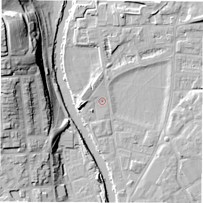 Shaded relief map of the ground around DE13RP, computed from Environment Agency LiDAR. The ground here sits at about 47 m above sea level and falls 33 m across the surrounding 800 m. Surface water reaching this point runs off ground lying to the west-south-west, 4.6 m higher.