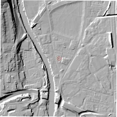 Shaded relief map of the ground around DE13RQ, computed from Environment Agency LiDAR. The ground here sits at about 47 m above sea level and falls 27 m across the surrounding 800 m. Surface water reaching this point runs off ground lying to the east-north-east, 7.1 m higher.